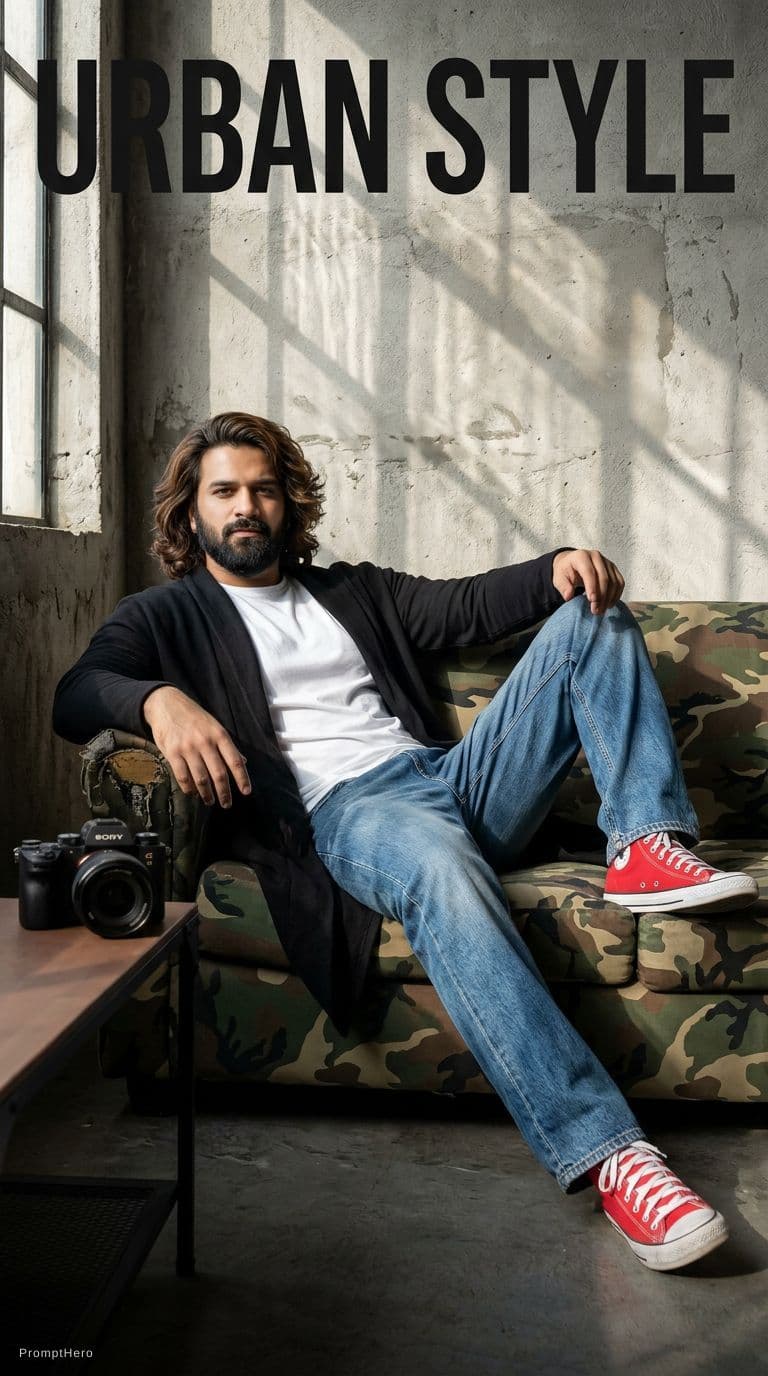 AI generated: photography, magazine cover, tilt shot, male model lounging on a worn camouflage sofa, casually dres...