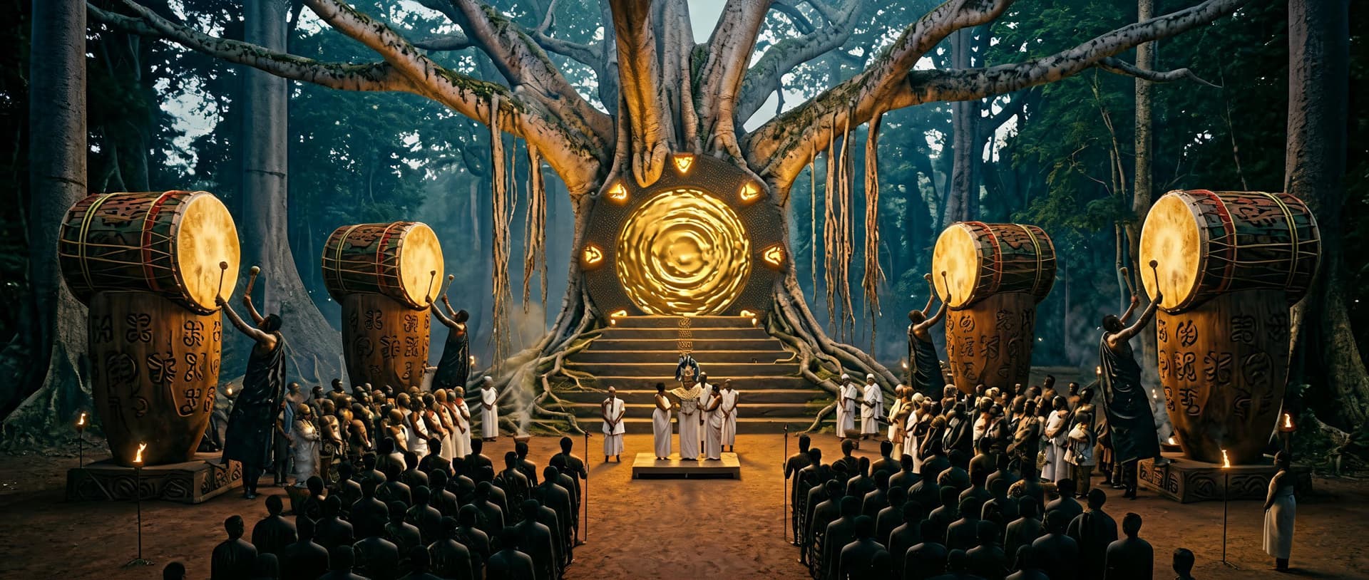 AI generated: ### Image Analysis

This image is a **cinematic Afro-futurist sacred ceremony** set in an ancient fo...