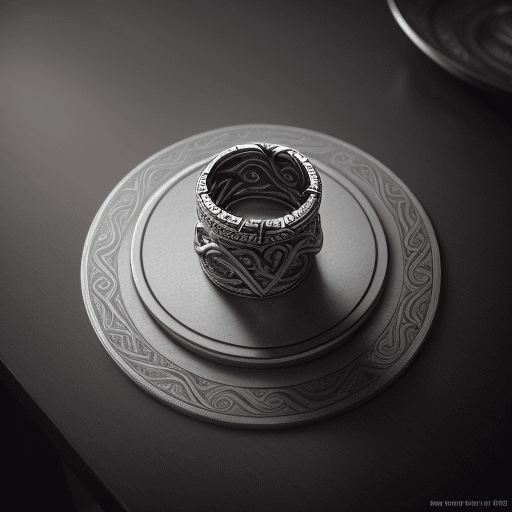 AI generated: Ring on the table with the design and character of thor The Ring is gold and grey dark, no watermark...