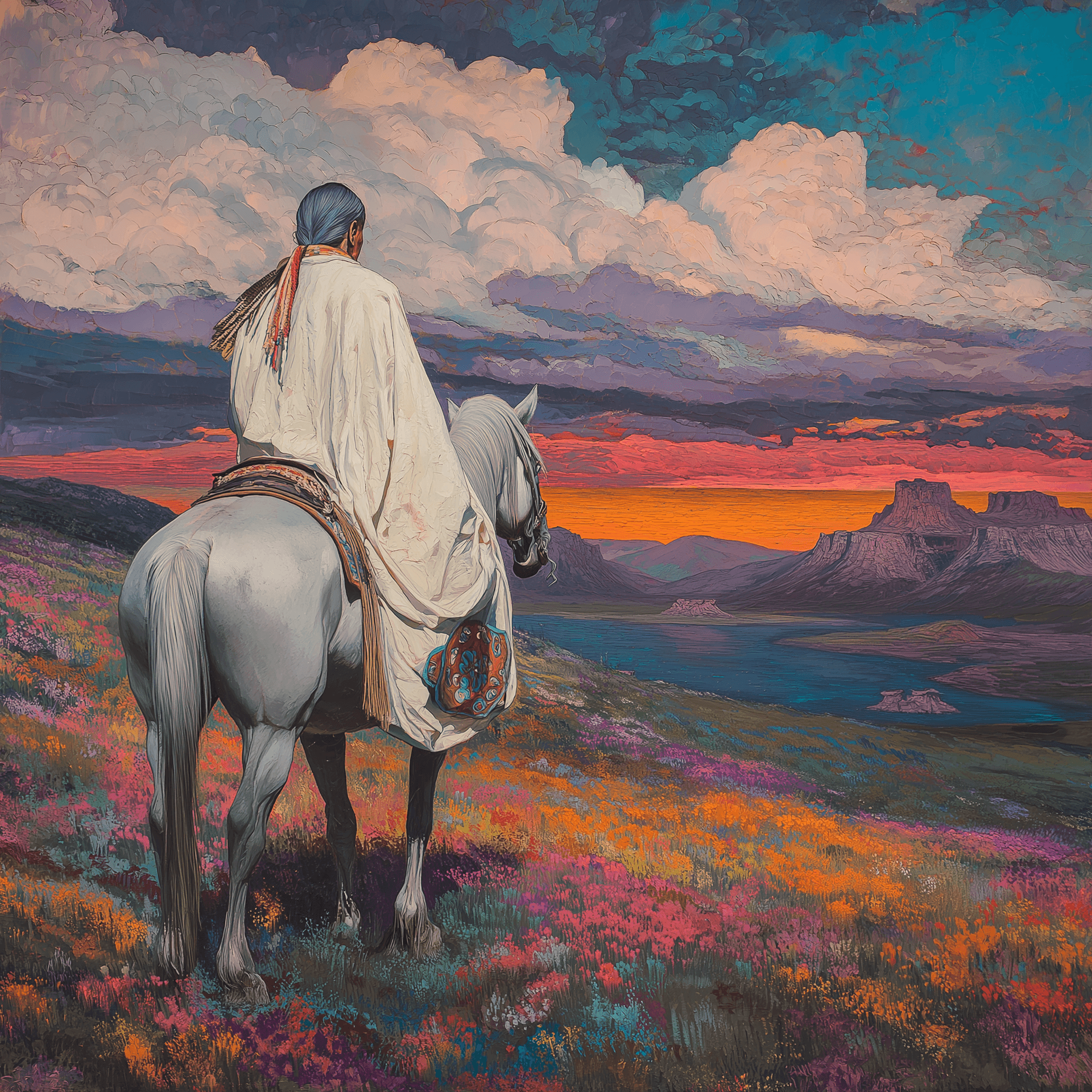 AI generated: A young Native American man wearing white robes rides on the back of his horse in an open field with...