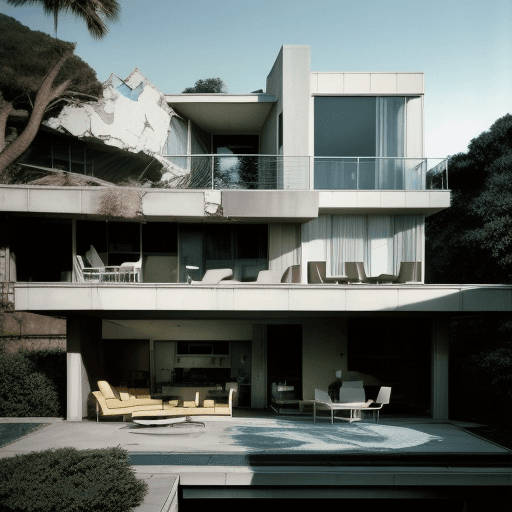 AI generated: Hyper realistic eye level exterior photo of a mid century modern style house overlooking the ocean, ...