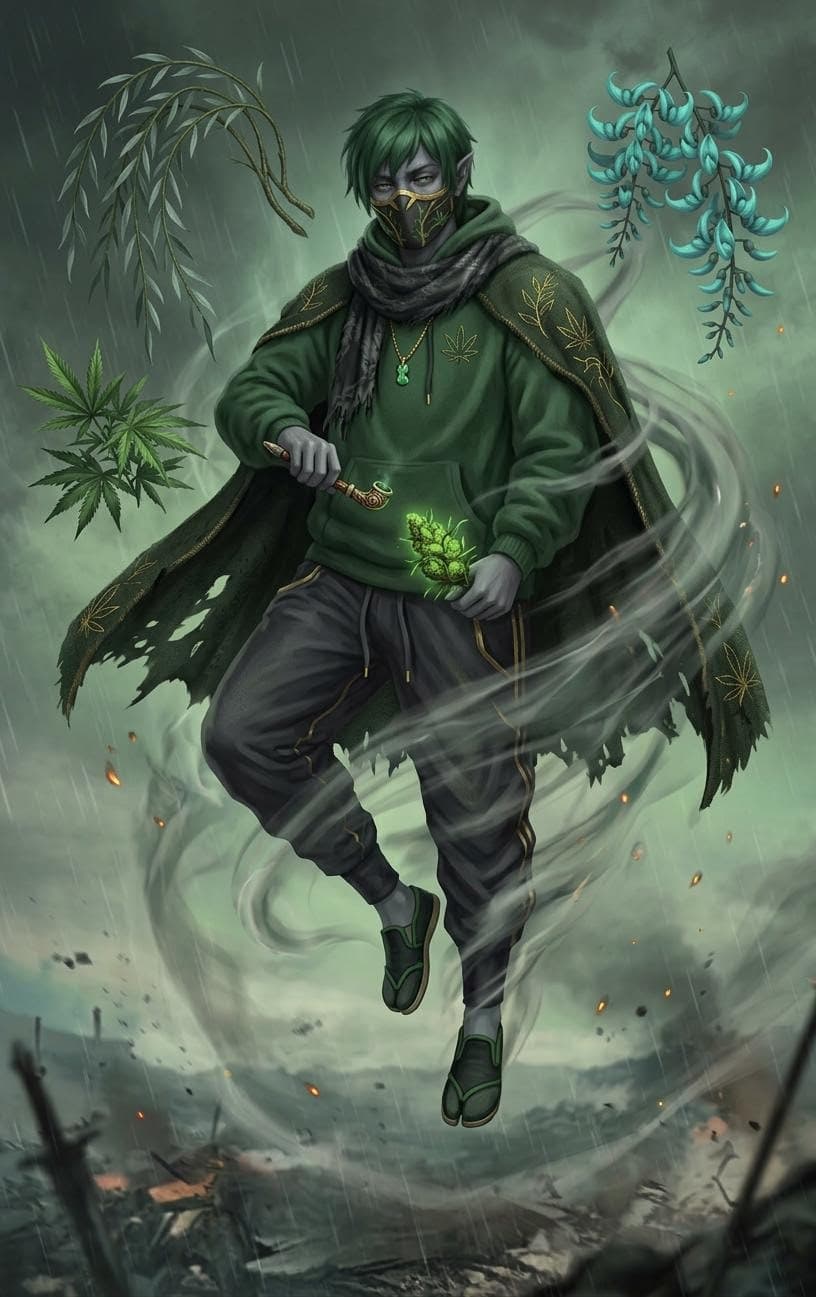 AI generated: create a male demon that Has basic control over three types of plants Jade Vine, Willow Trees and Ma...