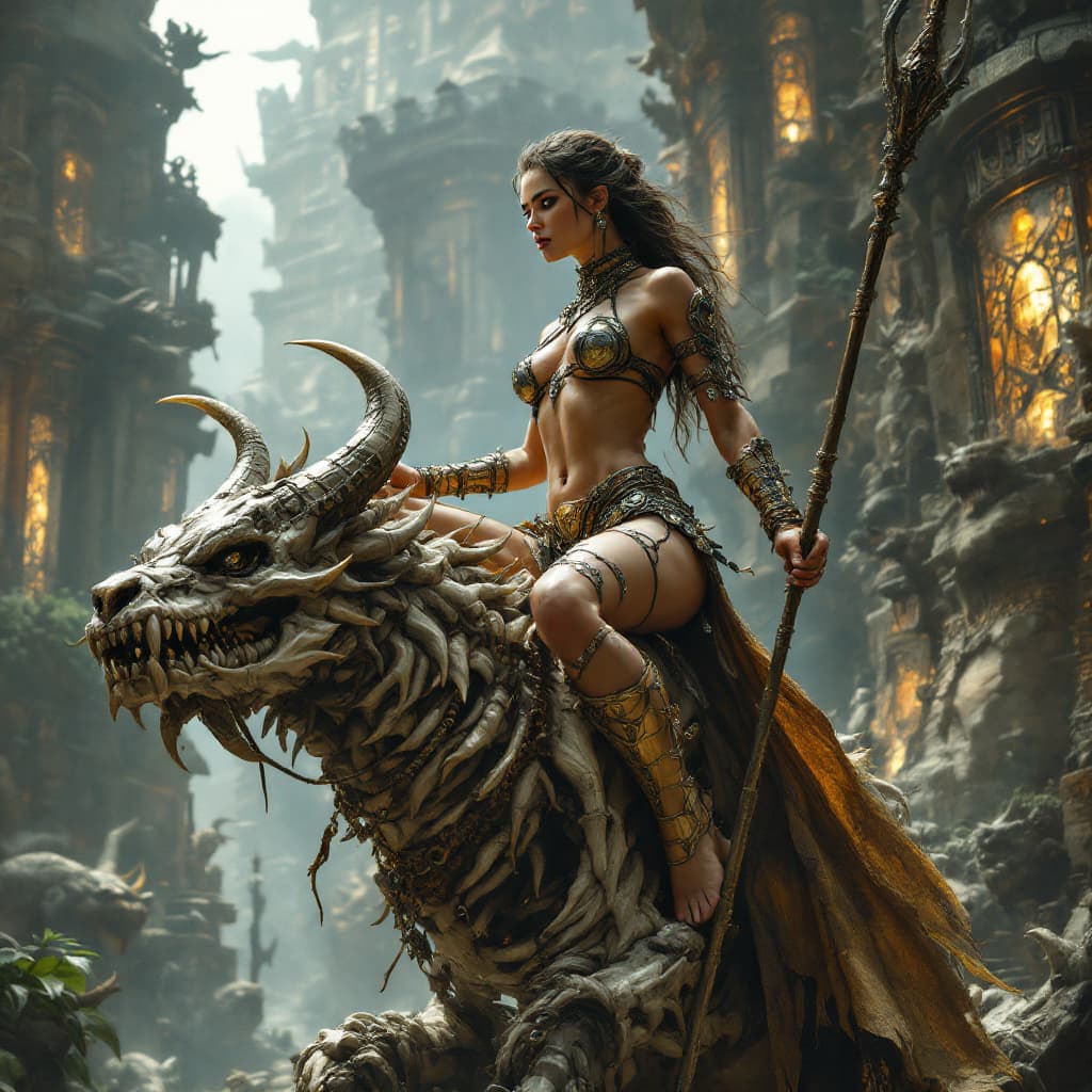 AI generated: Full body shot side view of young beautiful women warrior queen-pirat in an exquisite costume with m...