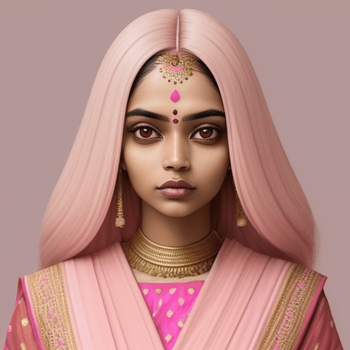 AI generated: indian woman aged 25 light skinned hair parted in the middle wearing modern outfit pink colored. Bea...