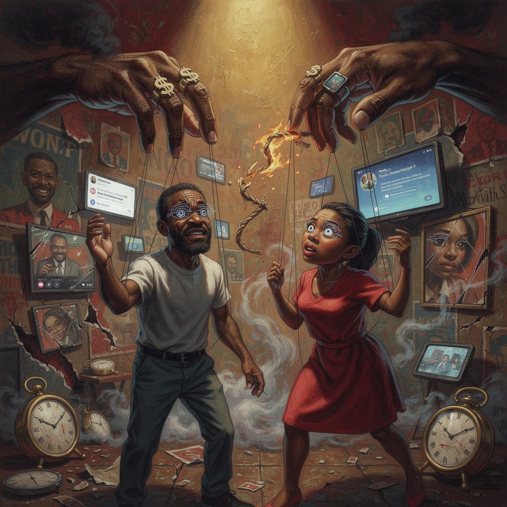 AI generated: A cinematic surreal painting of a Black man and Black woman being controlled like muppets, with thic...