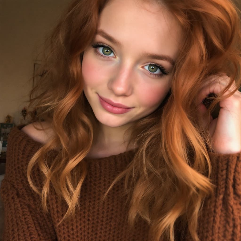 AI generated: A girl with wavy ginger brown hair, green eyes, wearing an off-shoulder oversized brown knit sweater...