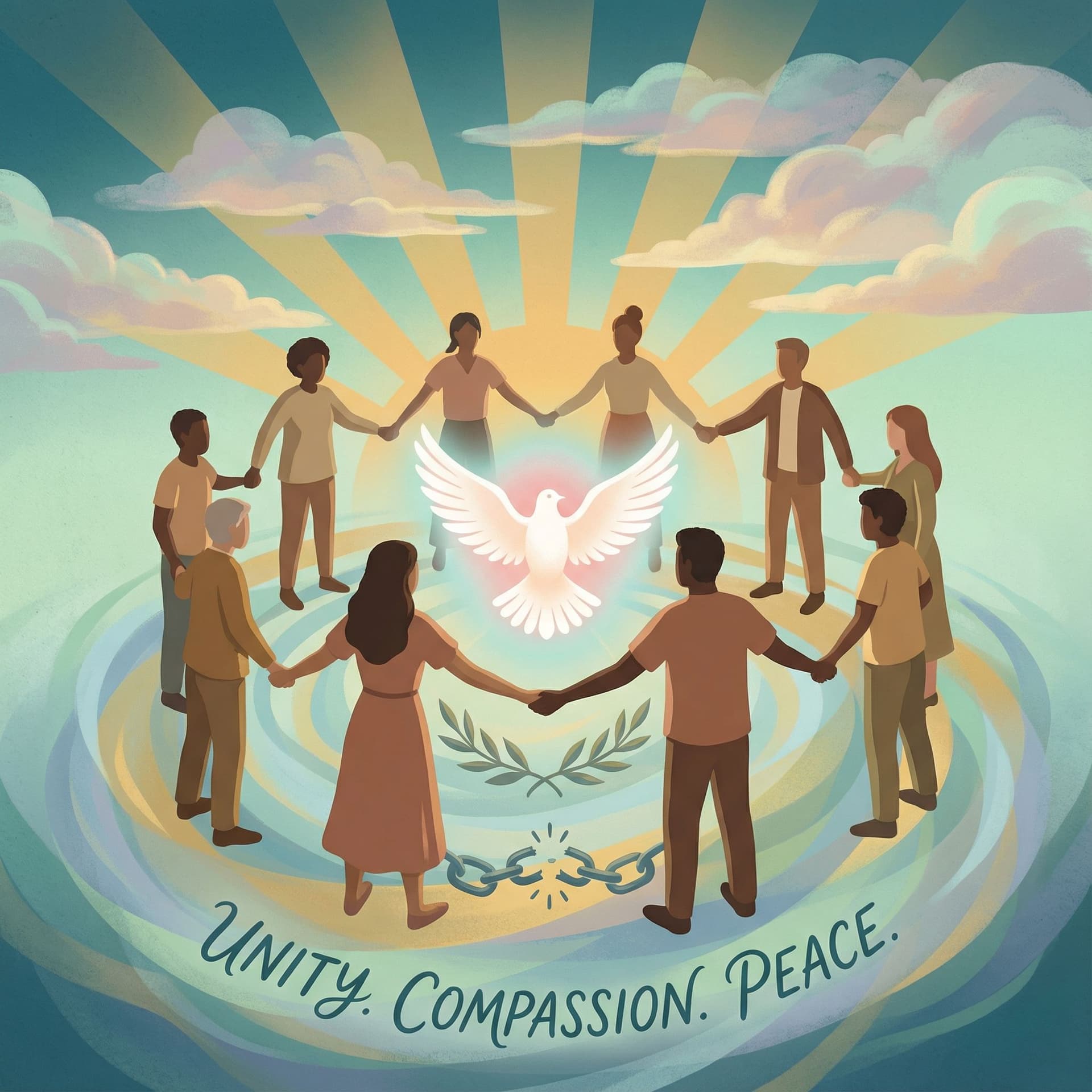 AI generated: A symbolic illustration promoting peace and non-violence, featuring a diverse group of people standi...