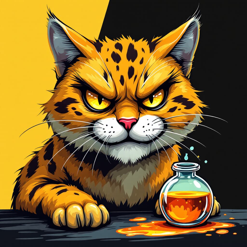 AI generated: illustration, vector cartoon-style, sinister and devilish  cat face, zoom in, defiant eyes and a iro...