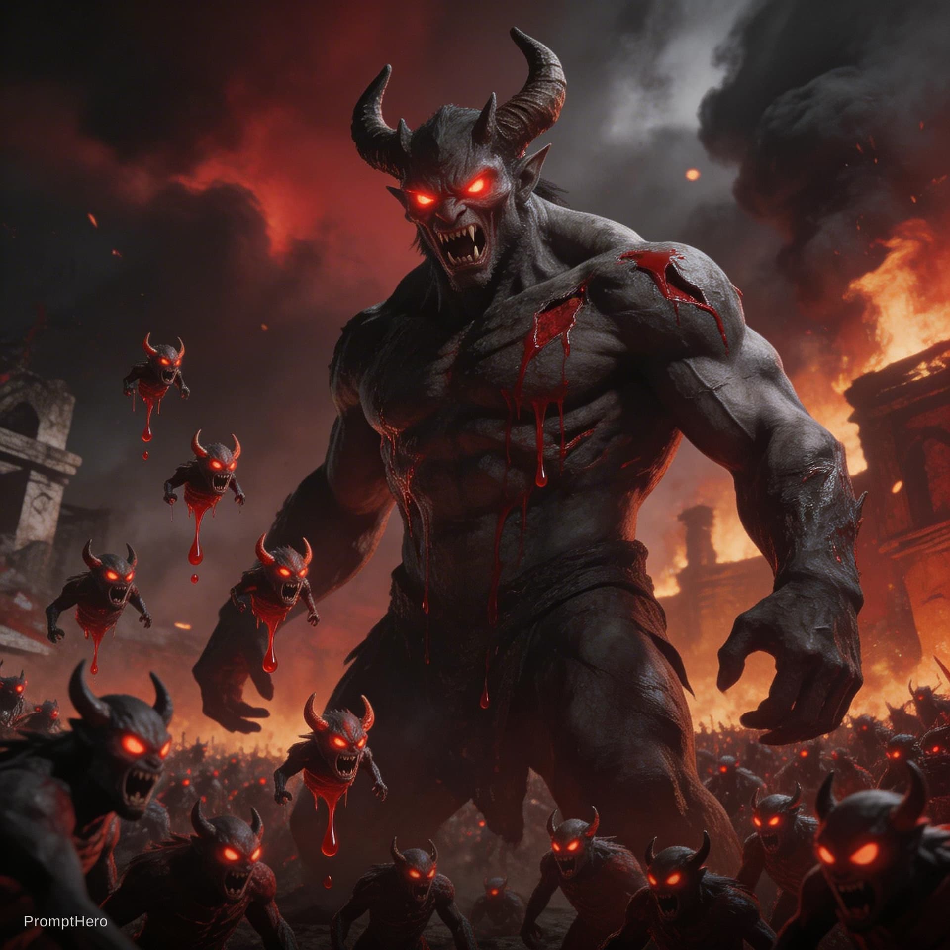 AI generated: dark mythological battlefield, demon Raktabija with glowing red eyes, every drop of blood creating c...