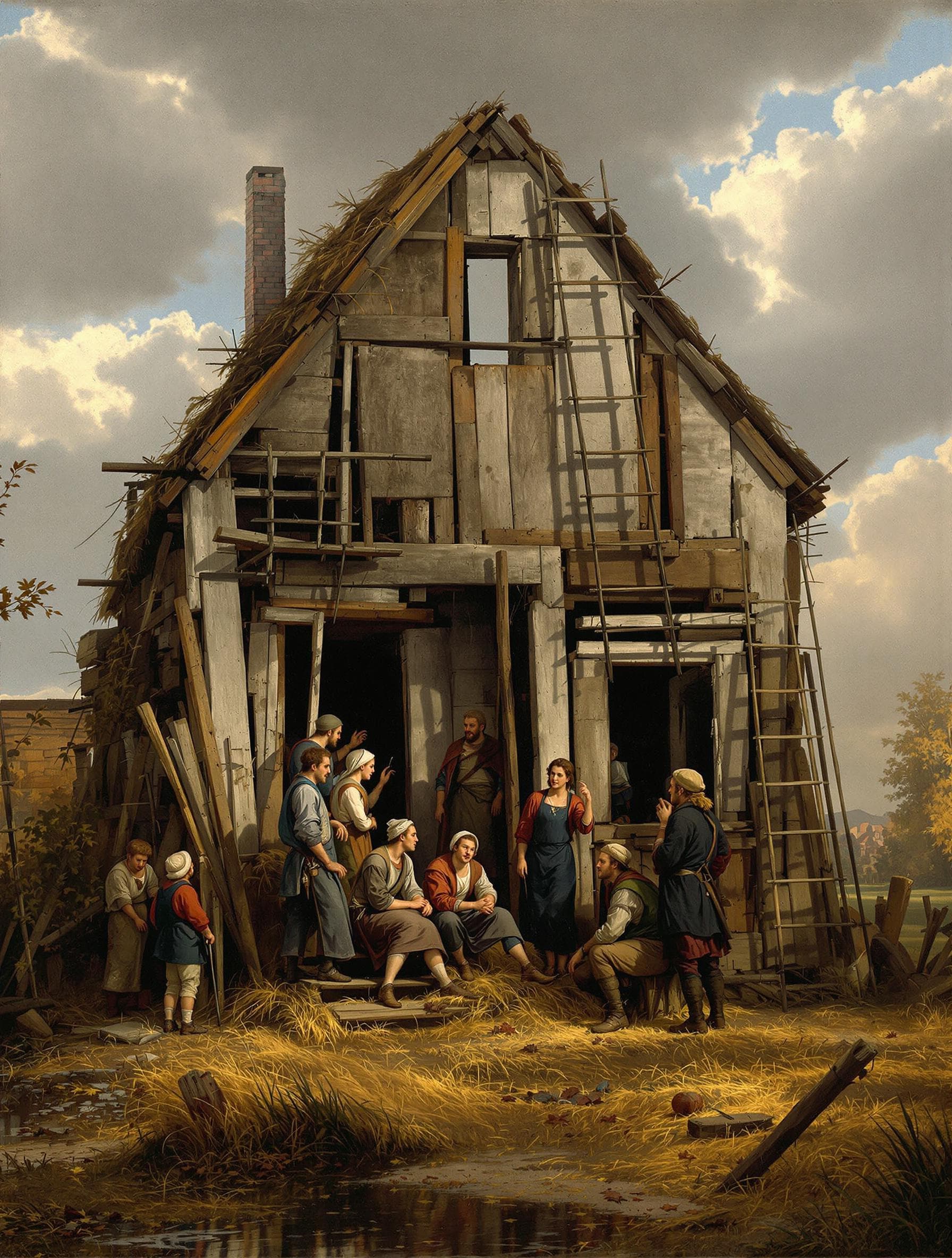 AI generated: A rustic 1500s Dutch countryside scene, painted in the meticulous, earthy realism of Jan van Eyck an...