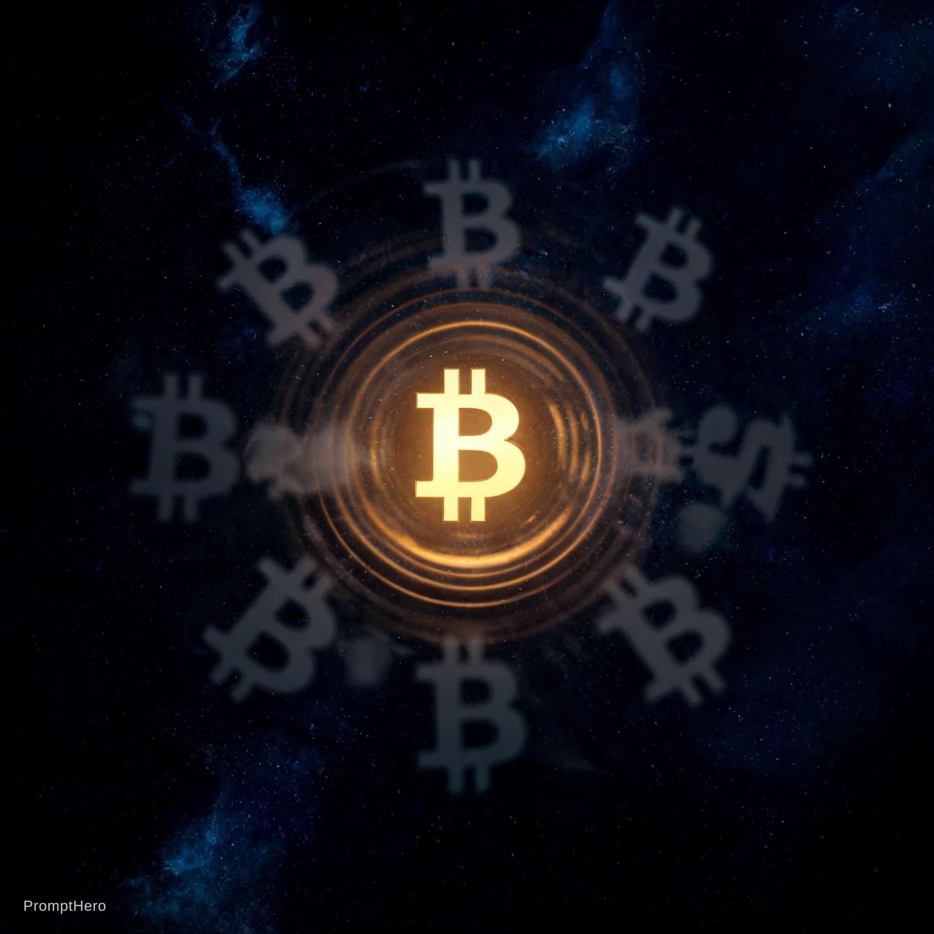 AI generated: A glowing Bitcoin symbol ₿ at the center, surrounded by 
concentric luminous halos radiating outward...