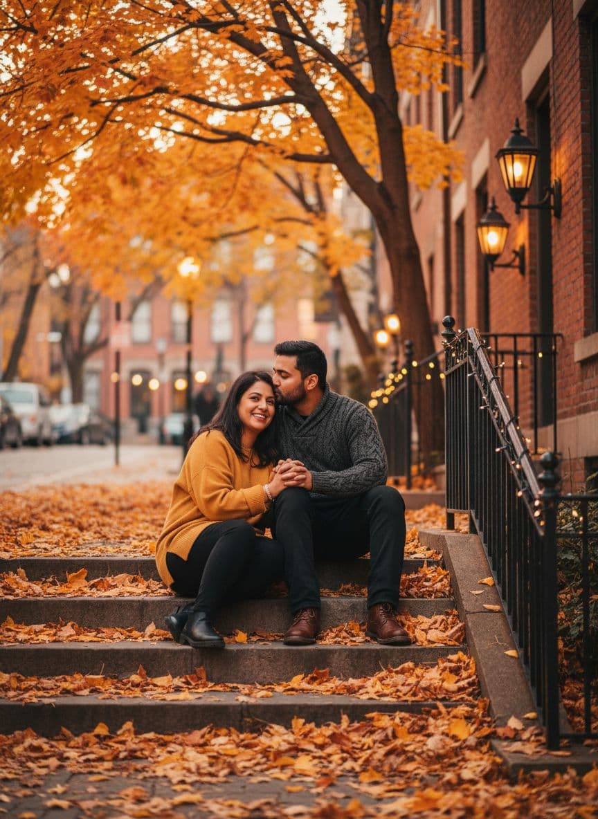 AI generated: A romantic couple (attached image as reference) sitting on outdoor stairs in autumn. The man, wearin...
