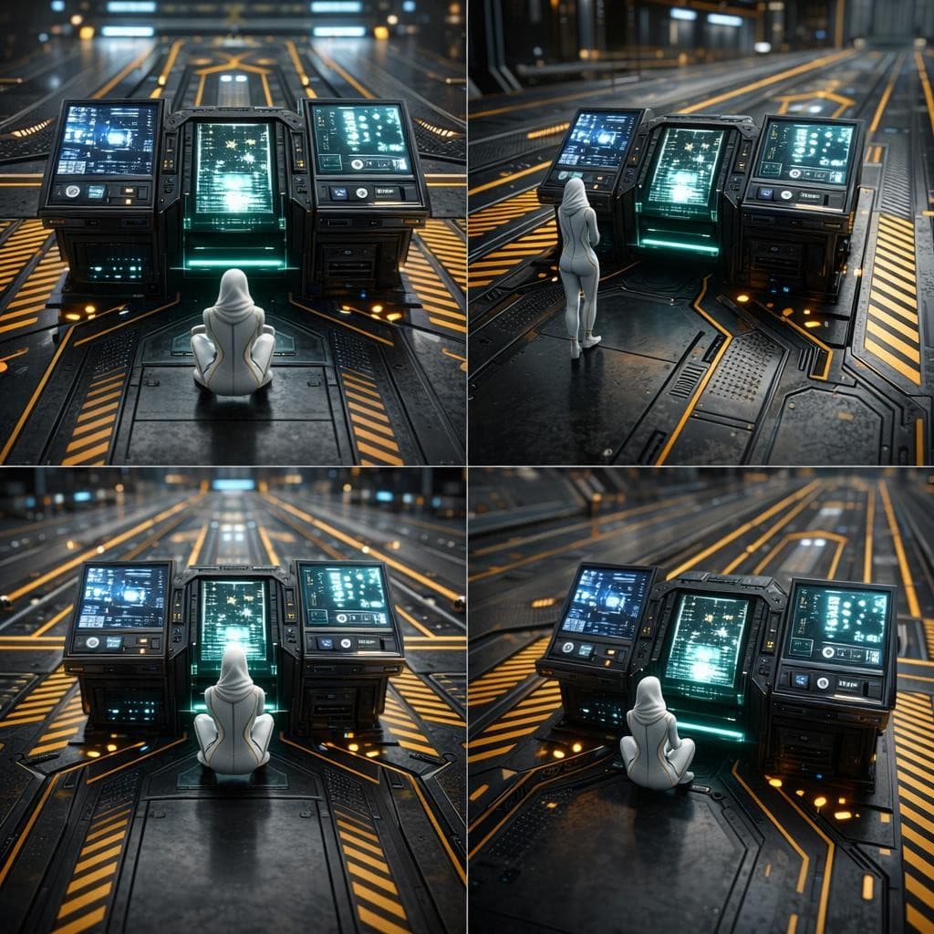 AI generated: Create different views and vantage points

Keep the character small in size compared to the console.