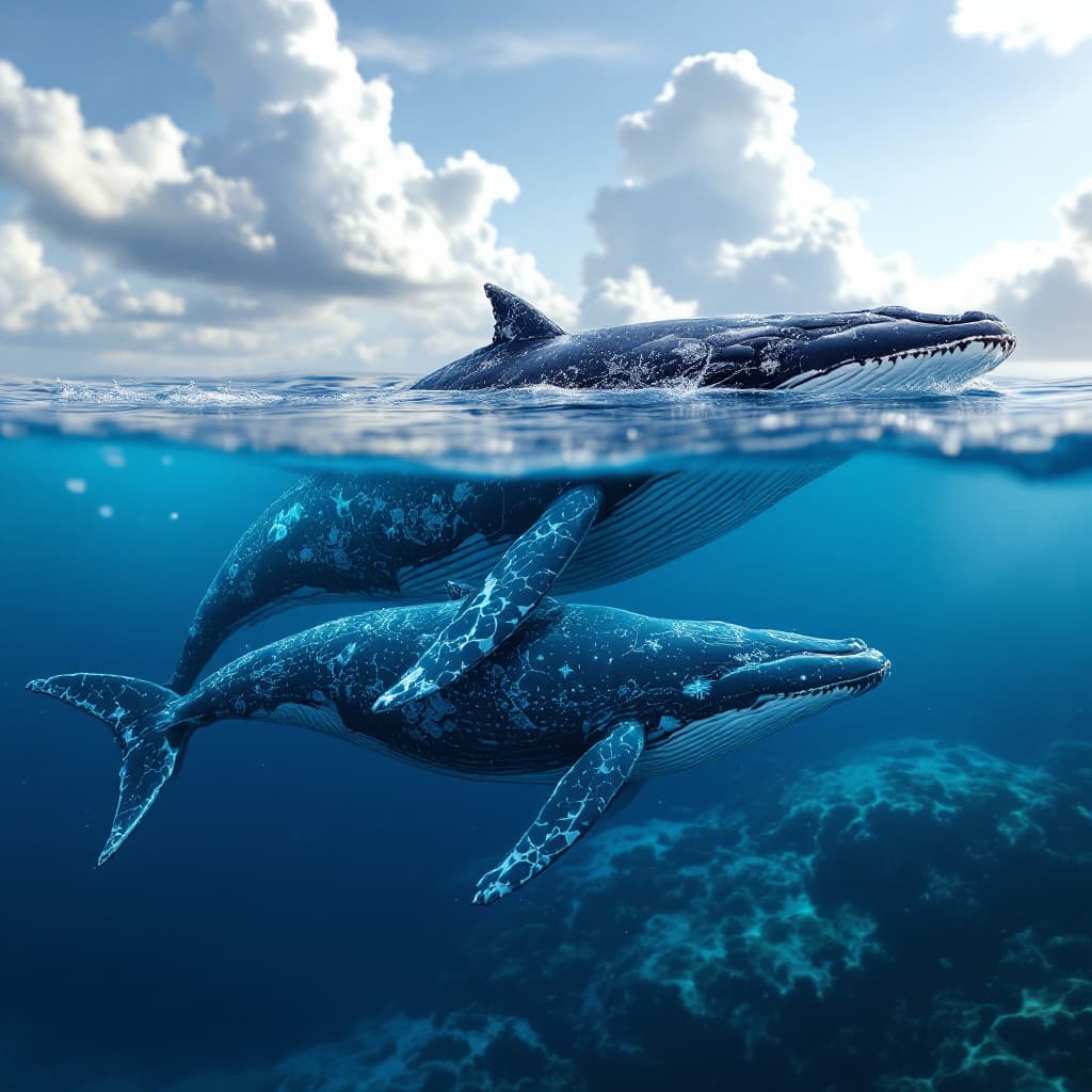 AI generated: Momma and baby humpback whales swimming in crystal clear water of the Caribbean, intricate artwork ....