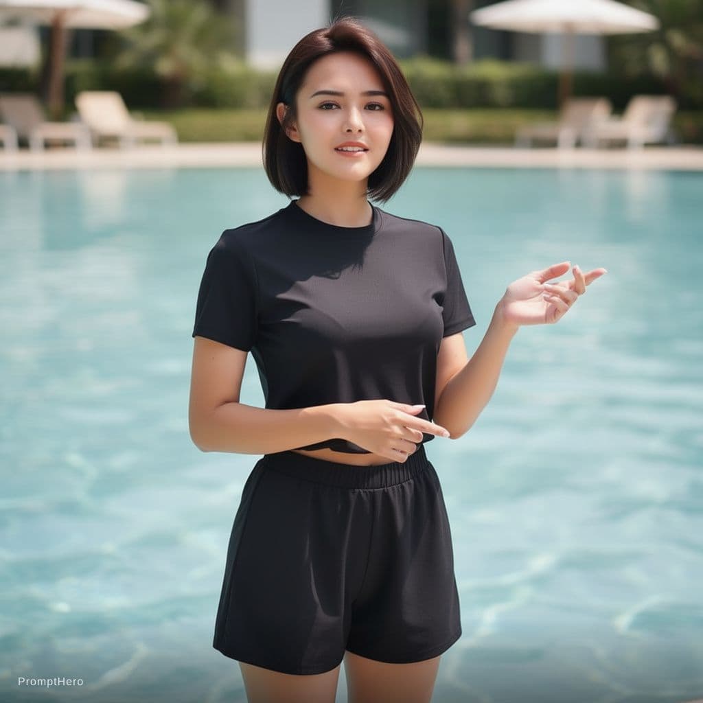 AI generated: Maintain the facial features and hair in image 1. Change her clothing to a black bikini. Change the ...
