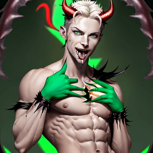 AI generated: a gay dude named lucifer who has devil-like features…slight red skin , short shorts on the temples o...