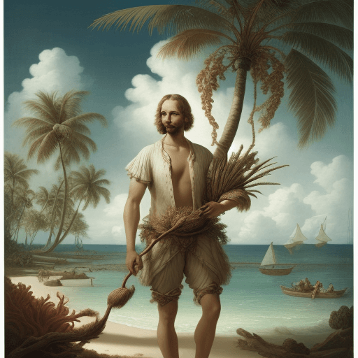 AI generated: handsome man standing in a sea with coconut tree, Paulina Góra, Rachel Ruysch