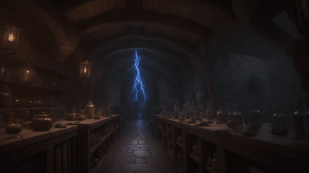 AI generated: "inside of wizard's Alchemist Workshop, (potions on the first set:1. 3), depth of field, medieval st...