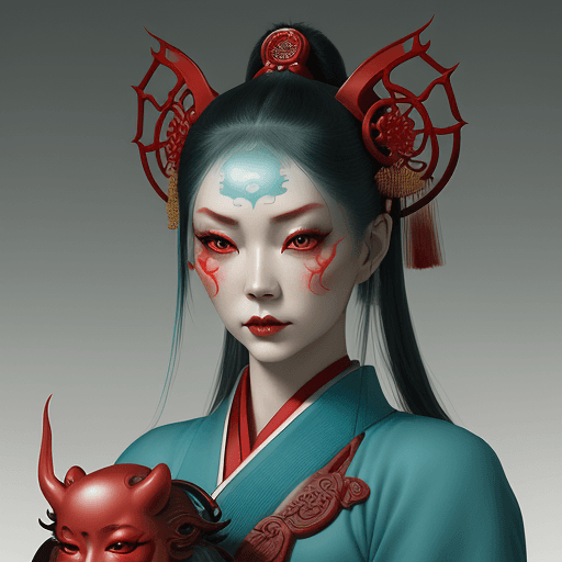 AI generated: a woman with an oriental face in photoshop and psd wuxia tanhao, in the style of natalie shau, teal ...