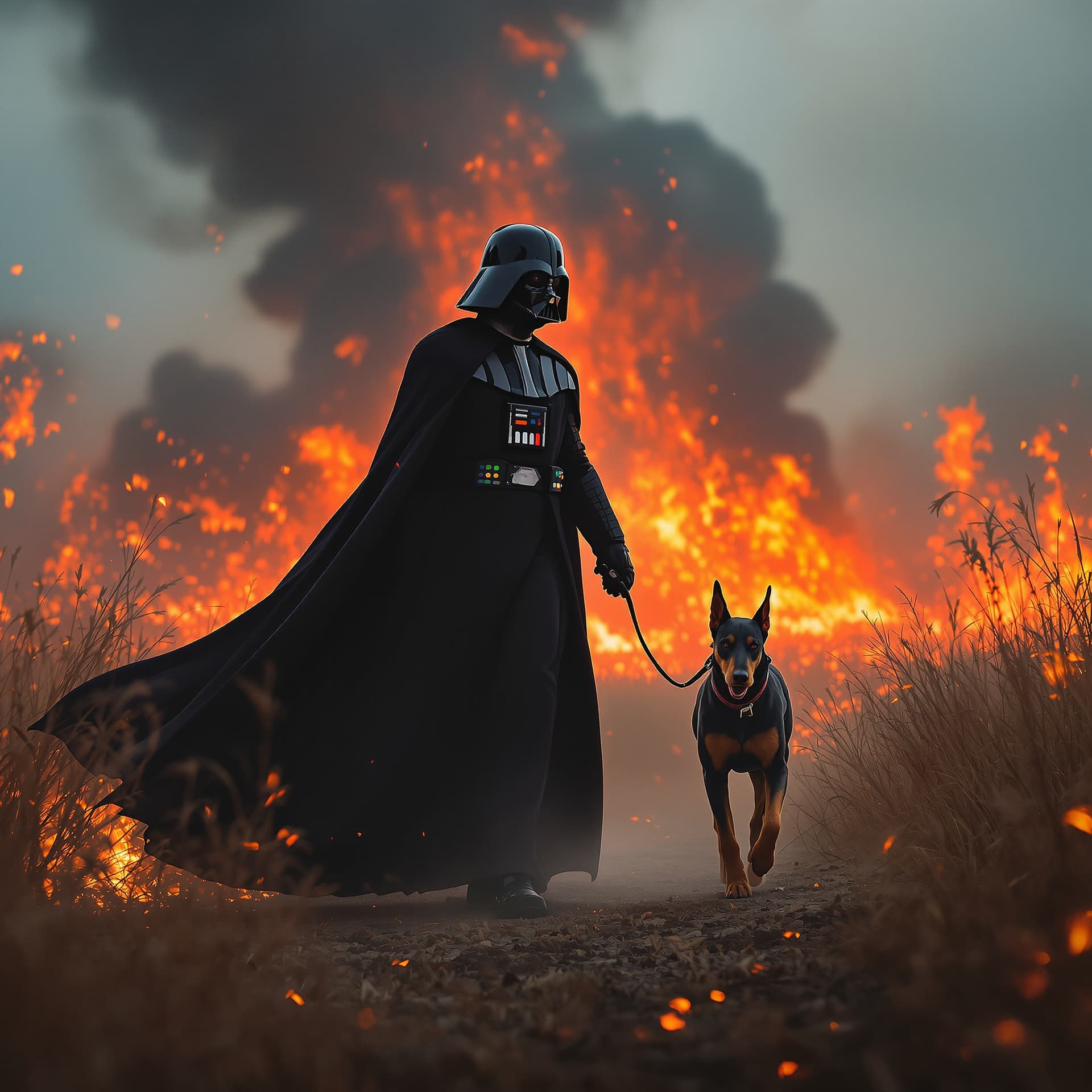 AI generated:  close up of darth Vader and his dog walking through a field of fire, marche impériale, hd star wars...
