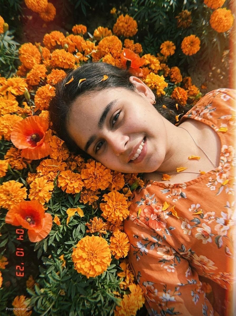 AI generated: Kodak disposable photography of beautiful fashion model with orange dress, laying on orange flower b...