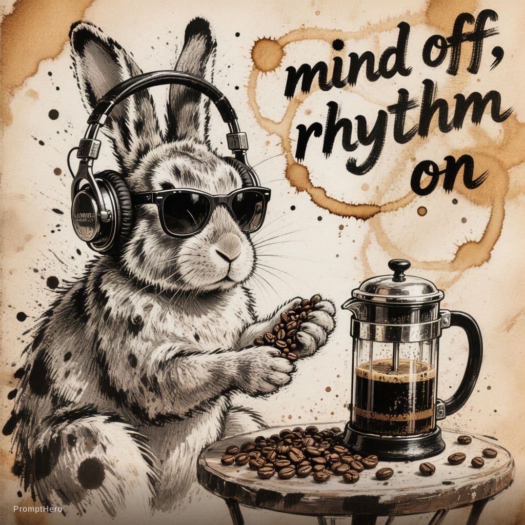 AI generated: Expressive ink illustration on vintage, coffee-stained paper: a calm black-and-white rabbit wearing ...