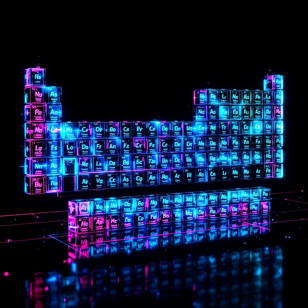 AI generated: Crystal black Periodic table of elements, ruby cyan neon, futuristic cyberpunk style, 3D art, cool w...