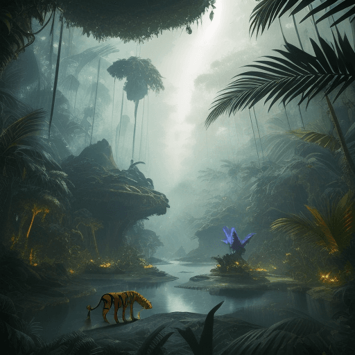 AI generated: Futuristic landscape, containing 2 jungle animals, with lighting and clarity in 4k