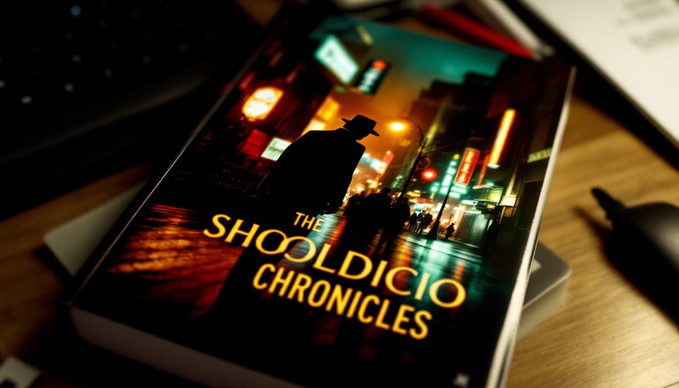 AI generated: A book on a desk with a film noir image of a man in a fedora hat standing in a neon lit, rainy stree...