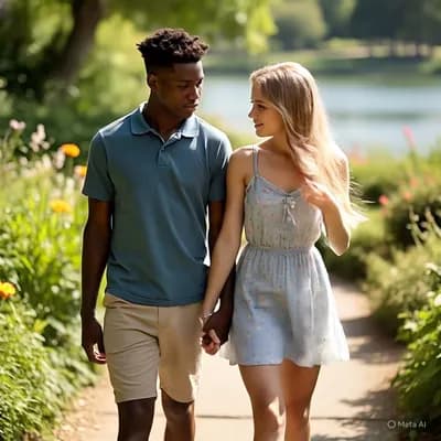 AI generated video: the camera moves back to show a full body View as the young couple walks slowly towards it