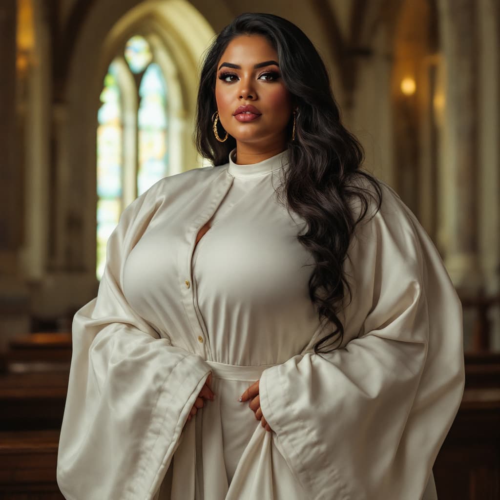 AI generated: Gorgeous, curvy, big chested, Latina wearing church clothes. Background, church. hyper realism, high...