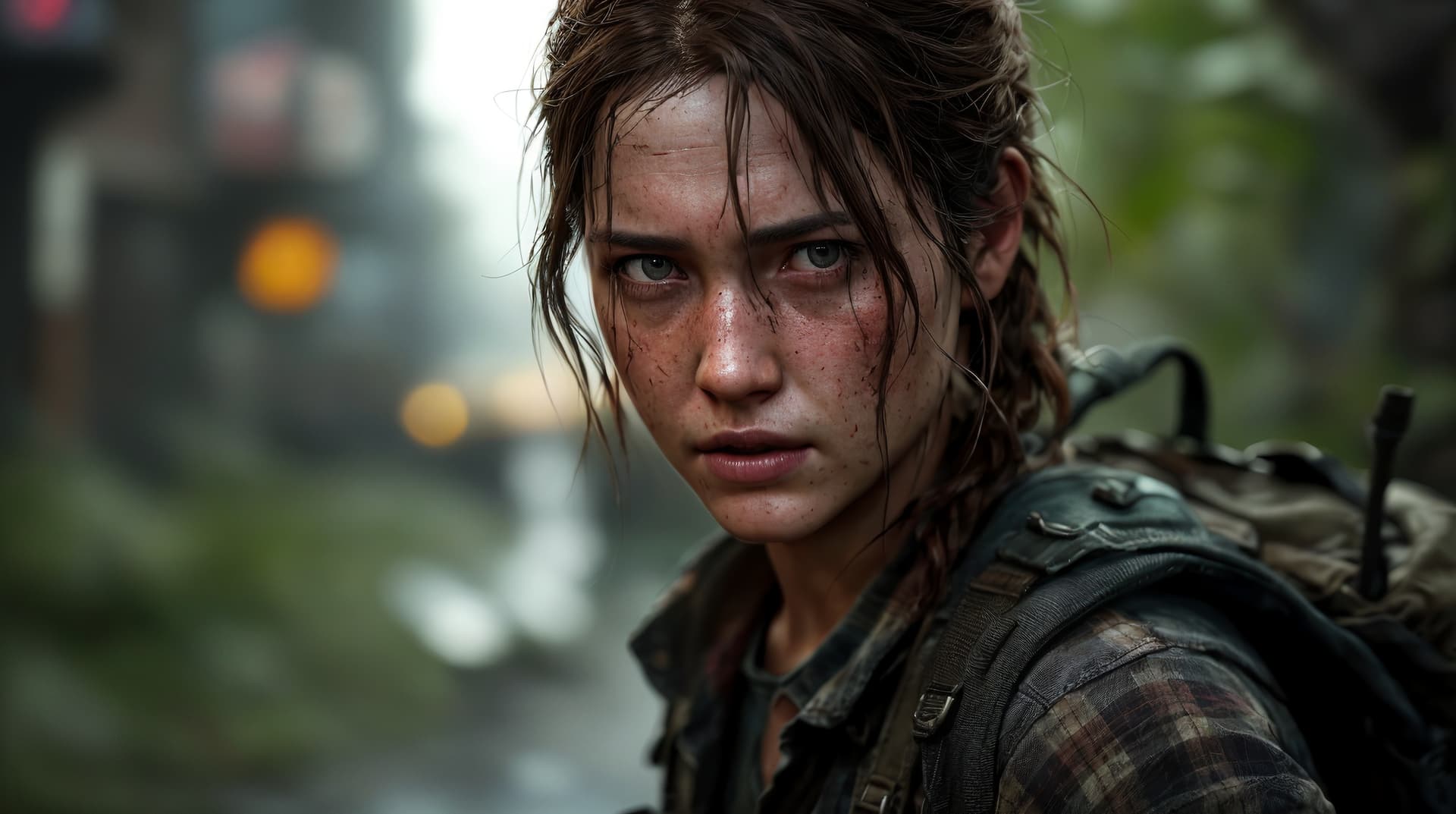 AI generated: 85 mm portrait photograph of Ellie from the Last of us game, cinematic still, face scratched and fie...