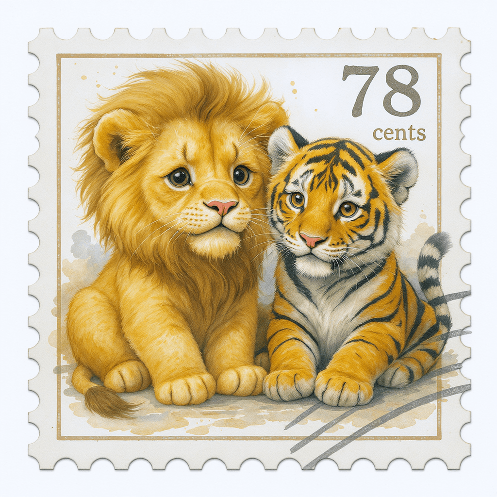 AI generated: postage stamp style, whimsical, hyper realistic, a cute baby lion and a cute baby tiger on the posta...