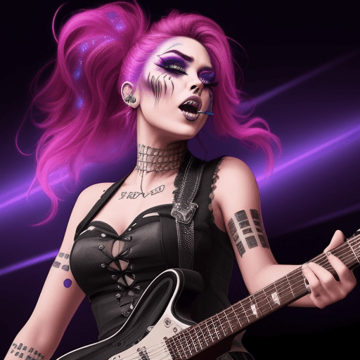 AI generated: a female rockstar with her head slightly back and singing her heart out with a  beautiful light show...