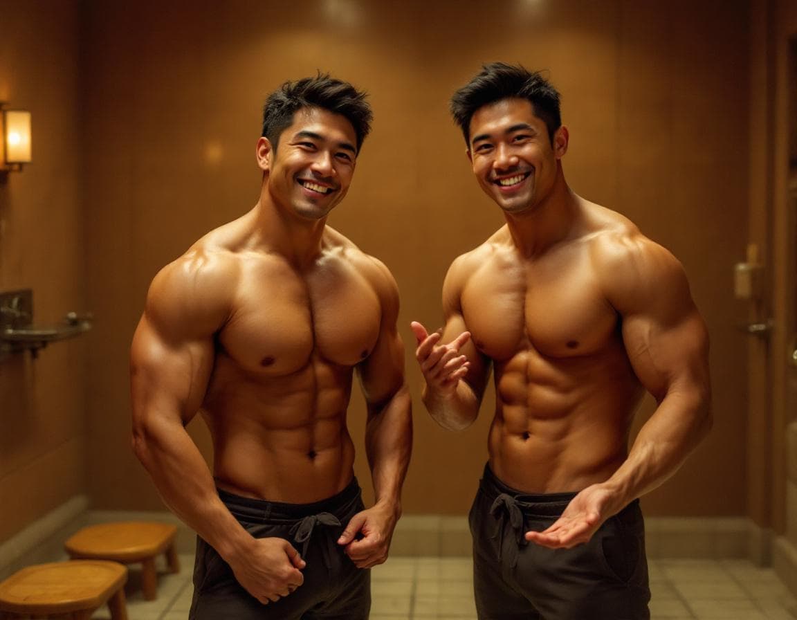 AI generated: Two muscular men, mid-20s to early 30s, East Asian ethnicity, are in a changing room/spa.  Both are ...
