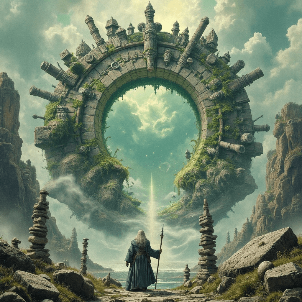AI generated: Craft an Old Master painting   
An ancient wizard in ash-grey robes steps toward a floating stone ga...