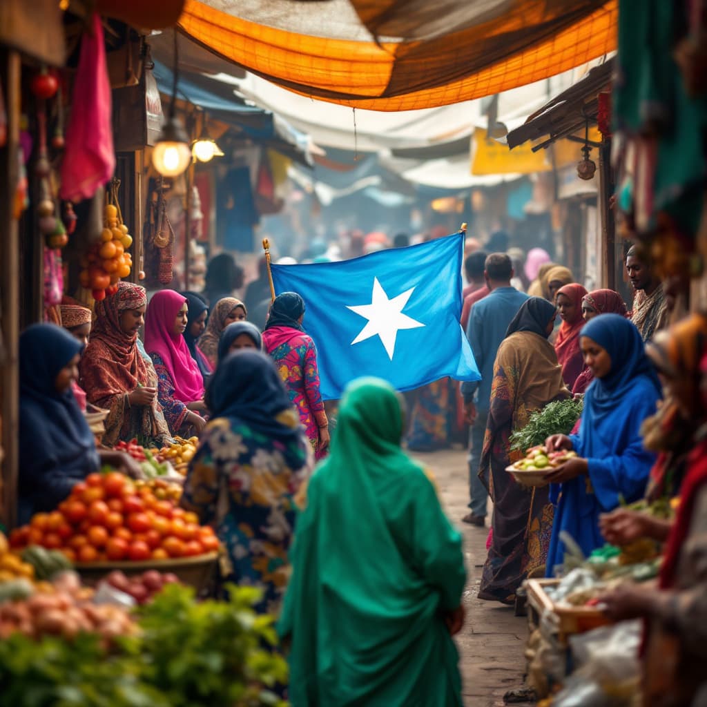 AI generated: "Create an image of a bustling Somali market with vibrant stalls, rich colors, 4K resolution, detail...