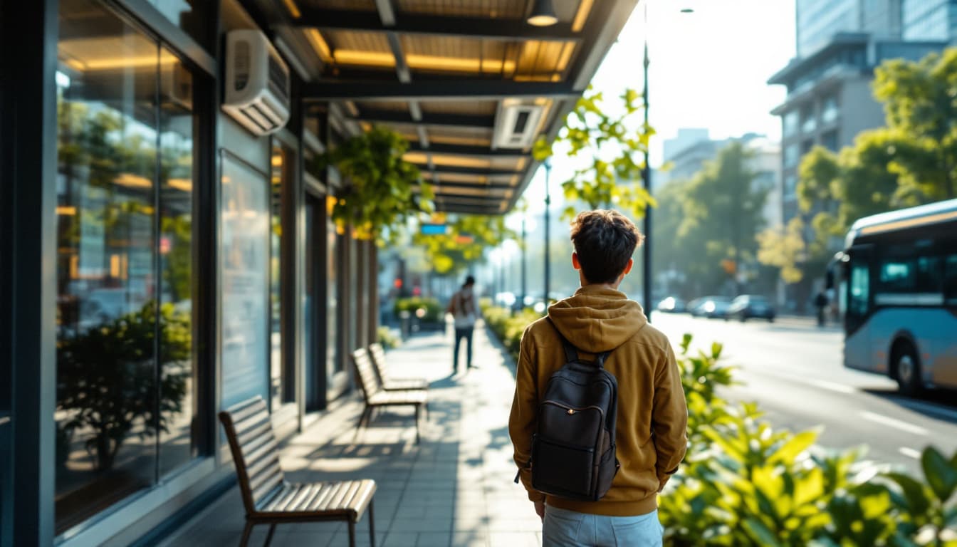 AI generated: A passenger waits for the bus at the patio-type bus stop. an air-conditioner is working on the top. ...