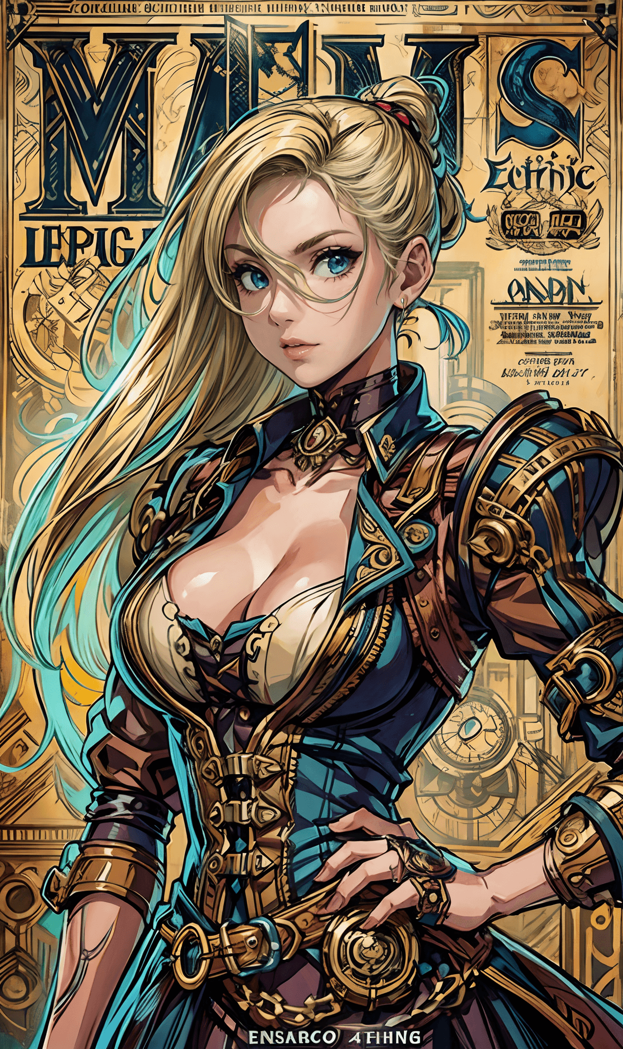 AI generated: (Best Quality, Masterpiece), (steampunk theme), centered, front cover of fashion magazine, concept a...