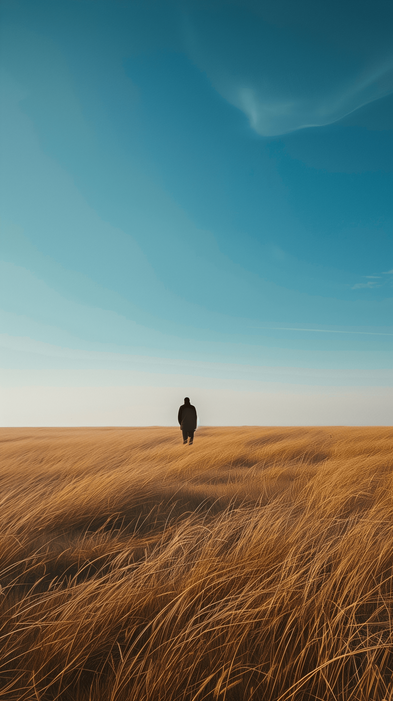 AI generated: portray a person standing alone in a vast field of tall grass under a clear blue sky, capturing a se...