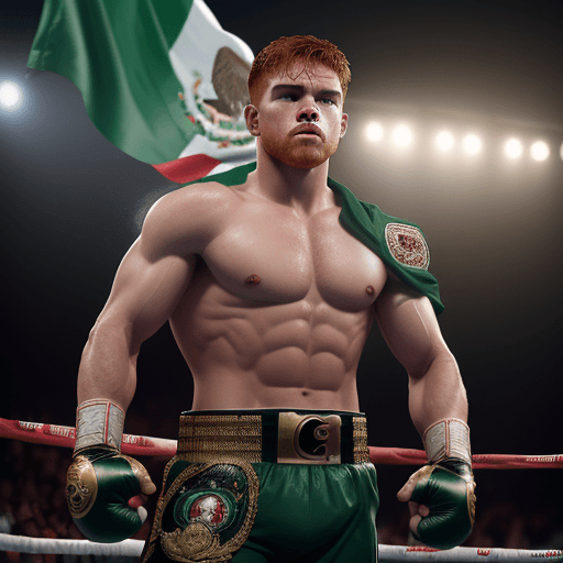AI generated: male Mexican boxer "Canelo" Alvarez figure in war derss with with the flag of Mexico, feirce, boxer ...
