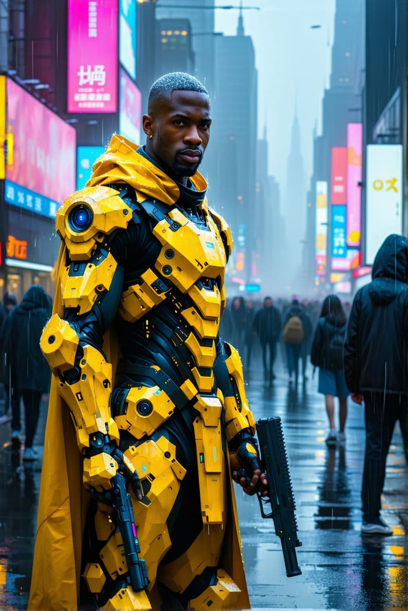 AI generated: A bald African American man in a futuristic yellow armored suit and holding a gun stands in a rainy ...