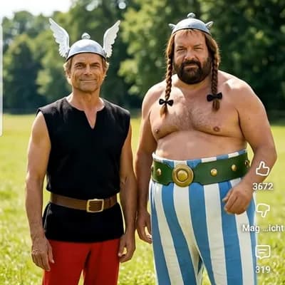AI generated video: Create a classic aster and Obelix sehen where theyre fighting in the funny Comic style like in theyr...
