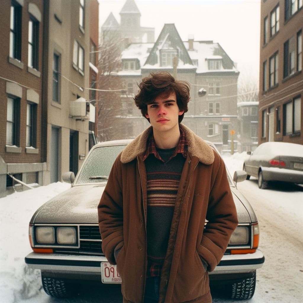 AI generated: 35mm shot of a young canadian man standing in front of a building next to a car, quebec, winter, rep...