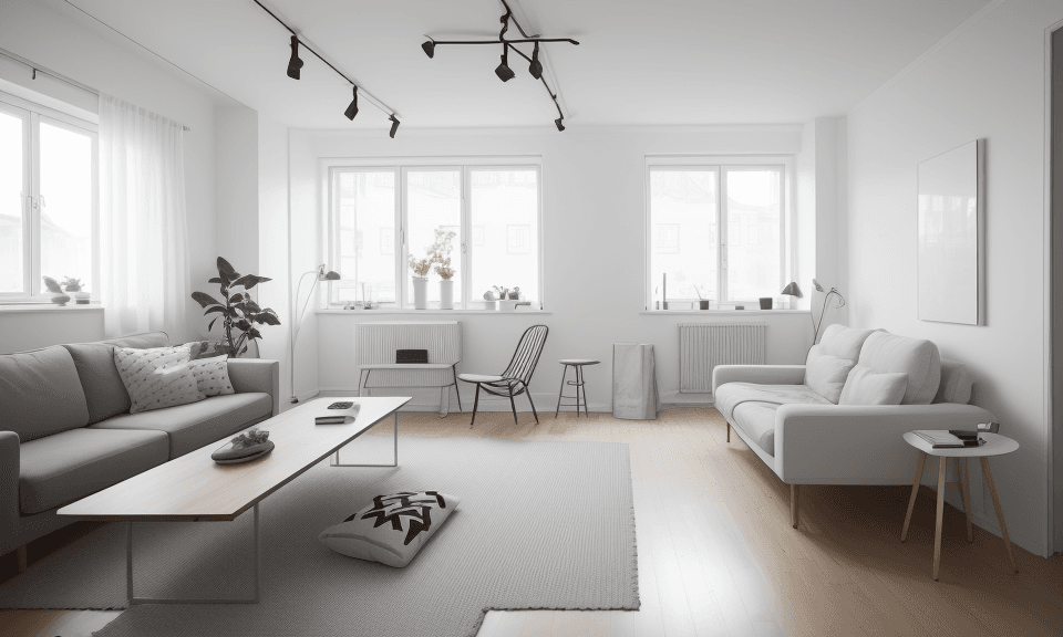AI generated: interior design, scandinavian style, scandinavian design, white style, living room, modular furnitur...