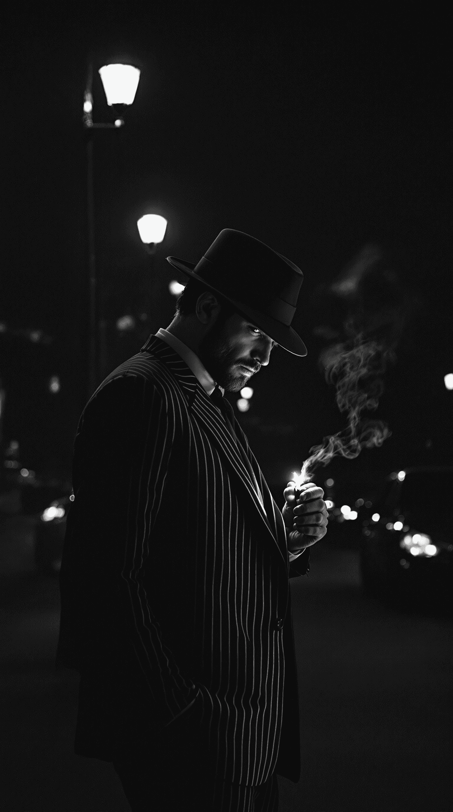 AI generated: a cinematic black-and-white noir-style image of a man standing on a dimly lit urban street at night....