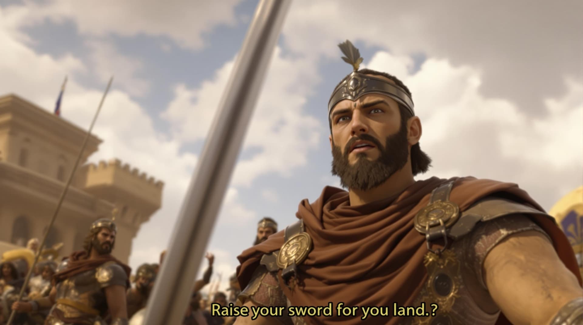 AI generated: 6.	POV shot from Ario’s perspective as Parushat says, “Raise your sword for your land.” [Parushat: c...