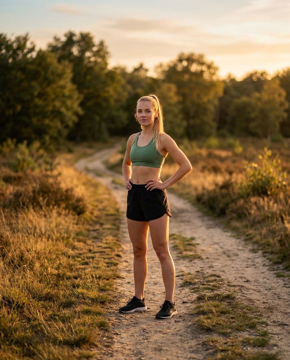 AI generated: A young athletic woman with a ponytail, wearing a green sports bra and black shorts, stands on a dir...