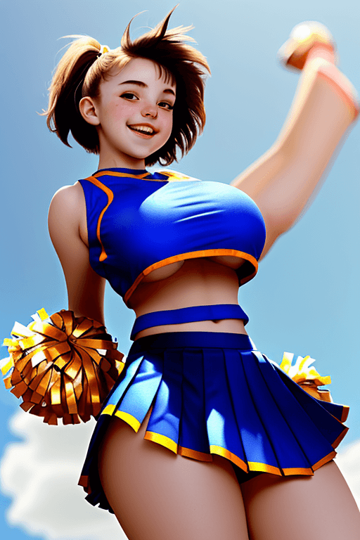 AI generated: A cute 18 year old female with gigantic breasts wearing loose crop top cheerleader outfit and pleate...