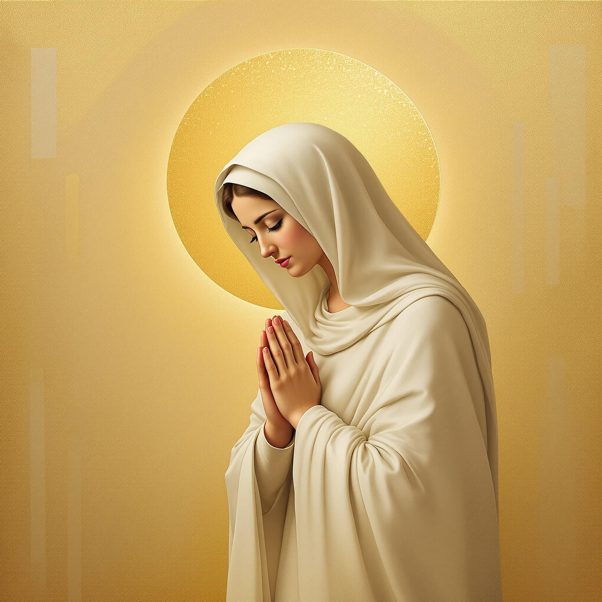 AI generated: A serene and divine portrait of the Virgin Mary, shown in a side profile with her head bowed and han...